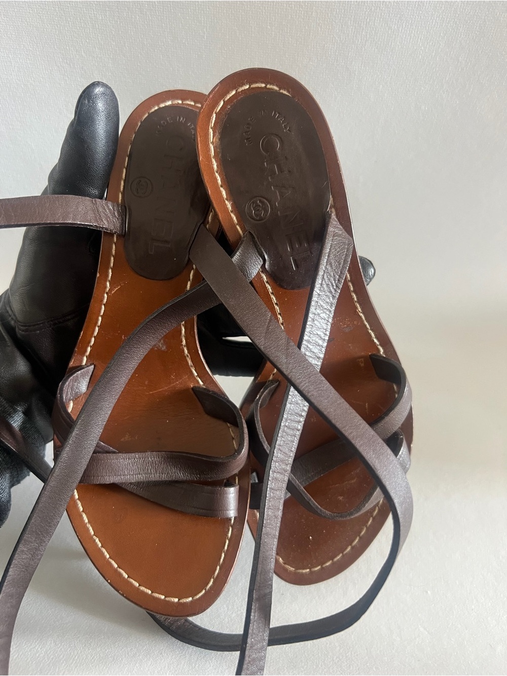 Chanel Brown Strappy Ankle-Wrap Heeled Sandals - Picture 6 of 13